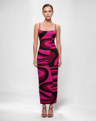 Women's pink abstract print sleeveless maxi dress with a bodycon fit, square neckline, and modern geometric pattern