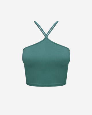 Teal ribbed sleeveless halter crop top with a crossover neckline, stretchy fitted construction, and modern cropped fit