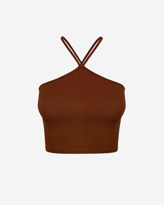 Rust brown ribbed halter tank top featuring a cross-front neckline, soft stretch fabric, and a flattering fitted silhouette