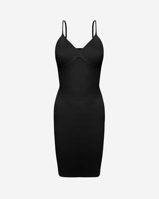 Black ribbed spaghetti strap knit midi dress