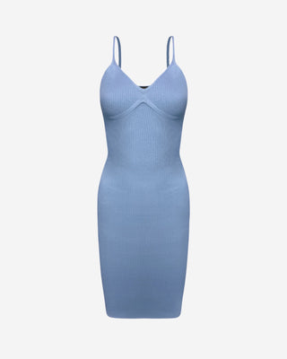 Blue ribbed spaghetti strap knit midi dress