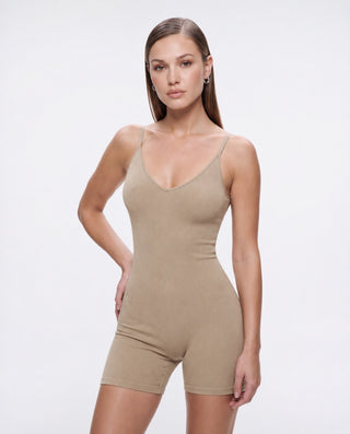 Taupe ribbed bodycon romper with thin straps, V-neck and fitted shorts, perfect for summer outfits, lounging, vacation wear and effortless street style.