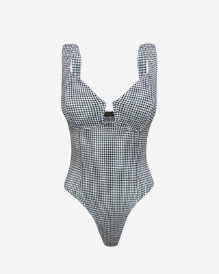 Black and white houndstooth bodysuit for women with keyhole front detail, supportive bust seams, wide shoulder straps, and sculpting fit design