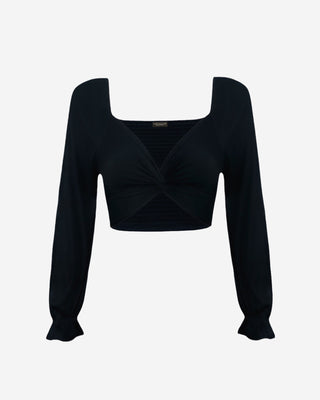 Black twist front long sleeve crop top with a deep V-neckline, front knot detail, and soft draped fabric for elevated everyday style