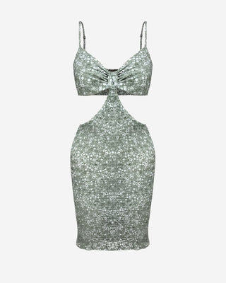 Front view of a green floral women’s mini dress showcasing the smocked stretch fabric, knotted bust detail, side cutouts, slim straps, and body-hugging fit.