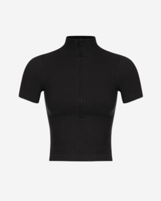 Black ribbed athletic crop top for women with a mock turtleneck, front zipper detail, short sleeves, and fitted silhouette ideal for gym, yoga, running, and athleisure styling