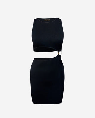 Black ribbed mini dress shown from the front, featuring a sleeveless high neckline, side cutout with ring detail, and a sleek fitted silhouette.