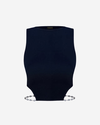Black sleeveless crop top for women featuring crystal chain side details, modern cutout silhouette, and soft ribbed knit fabric