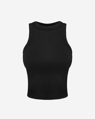 Black ribbed crop tank top for women with a high neckline, sleeveless cut, and body-contouring fit, perfect for casual outfits and capsule wardrobes