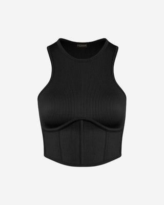 Black ribbed crop top for women featuring a high neck, sleeveless cut, corset-inspired paneling, contour seams, and a flattering fitted silhouette for everyday and going-out styling