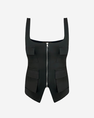 Black sleeveless utility corset top with a square neckline, front zip closure, flap pocket details, and a sculpted tailored fit