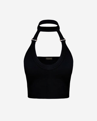 Black ribbed crop top with silver buckles and a deep v neck.