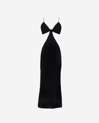 Front view of a black women’s cutout maxi dress highlighting the V-neck bodice, slim shoulder straps, front cutout detail, and elongated fitted silhouette.