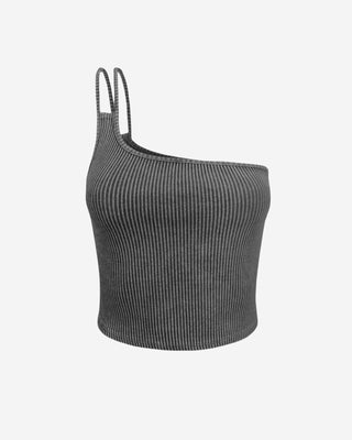 Front view of a ribbed one-shoulder women’s crop top highlighting the asymmetrical neckline, slim strap detail, and body-hugging fit.