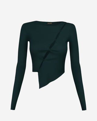A black asymmetrical cutout crop top with long sleeves and round neckline.