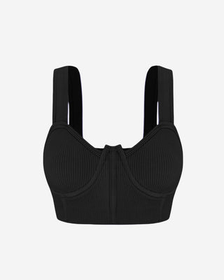 Front view of the women’s brami top in black, highlighting the structured bust design, wide straps, and cropped fit.
