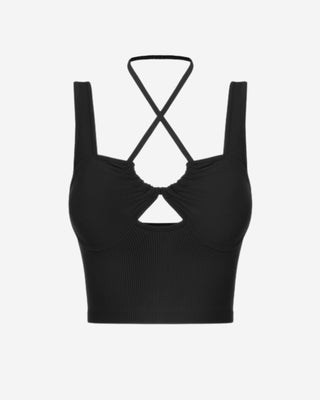 Black ribbed crop top for women featuring a halter neck design, front keyhole cutout, underwire-inspired shaping, and a flattering fitted silhouette for casual and going-out looks