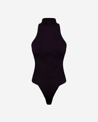 Women's black sleeveless mock neck bodysuit with ribbed knit fabric, body contouring silhouette, and elevated minimalist styling for day or night wear