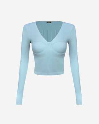 Light blue ribbed long sleeve bustier crop top with sculpted cup detail, fitted silhouette and feminine neckline, a versatile women’s going-out top for date nights and elevated everyday style.