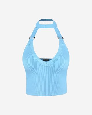 Blue ribbed crop top with silver buckles and a deep v neck.