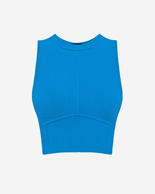 Cobalt blue ribbed crop top for women featuring a sleeveless high-neck design, seamless stretch fabric, contour shaping seams, and a flattering fitted silhouette for workouts, athleisure, and everyday wear