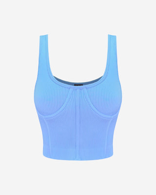 Powder blue fitted ribbed crop top with defined seam paneling and wide shoulder straps, front product shot.