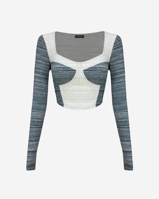 Blue and white colorblock long sleeve crop top with square neckline, fitted silhouette, contrast panel detailing, and cropped hem for trendy casual and going-out style