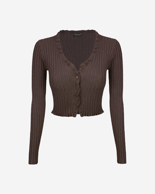 Brown ribbed long sleeve cropped knit top with a ruffle edged V neck and button down front, shown from the front against a clean white background.