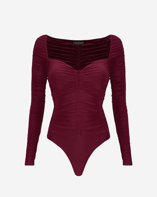 Burgundy ruched mesh long sleeve bodysuit with sweetheart neckline, front view on white background