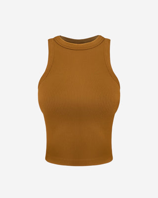 Burnt orange ribbed crop tank top for women featuring a fitted silhouette, high neckline, and stretch knit construction for effortless seasonal styling