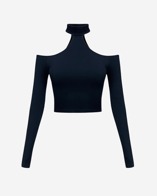 Black ribbed turtle neck crop top.