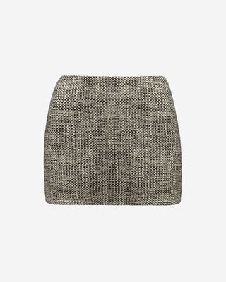 A tweed high waist mini skirt with a  invisible zipper made of a heavy, thick tweed fabric.