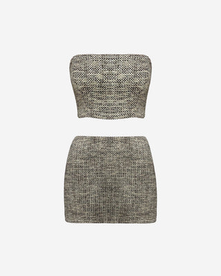 A tweed tube top and high waist mini skirt set with a zipper closure on the top and invisible zipper on the skirt. Both pieces are in a heavy, thick tweed fabric.