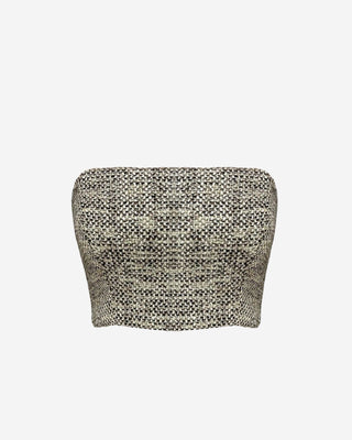 A tweed tube top with a zipper closure. Made of a heavy, thick tweed fabric.