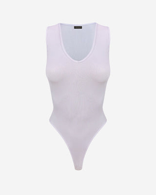 Front view of a lavender ribbed sleeveless bodysuit with a scoop neckline, elastic knit fabric, and streamlined silhouette.