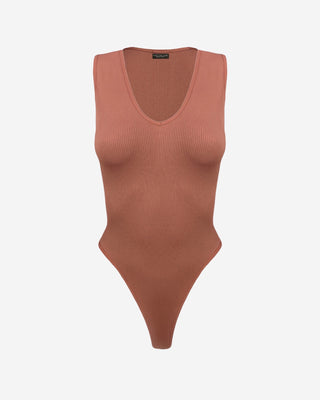Front view of a rust ribbed sleeveless bodysuit showing the scoop neckline, high-cut leg openings, and smooth fitted design.