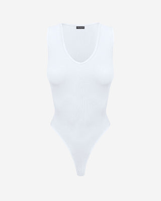 Front view of a white ribbed sleeveless bodysuit showcasing a scoop neckline, stretch knit fabric, and fitted silhouette.