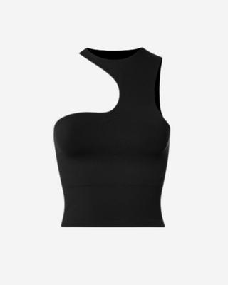 A black asymmetrical smoothing crop top with a curve chest detail and round neck.