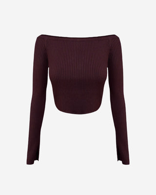 Maroon ribbed flare sleeve crop top with a boat neck.