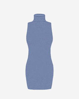 A dusty blue sleeveless turtleneck knit mini dress.