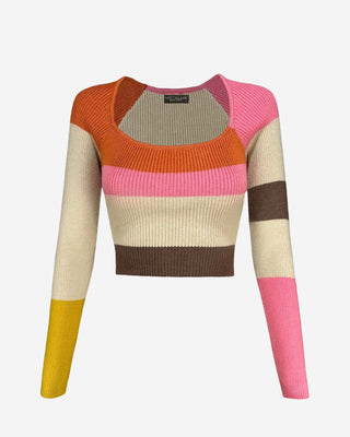 Front view of the women’s ribbed knit crop top, highlighting the square neckline, cropped length, and horizontal multicolor stripe pattern.