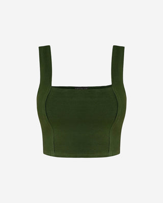 Front view of the women’s structured crop top with wide straps, highlighting the square neckline and fitted silhouette.