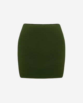 Front view of the women’s fitted mini skirt, showcasing the clean lines and smooth, tailored fit.
