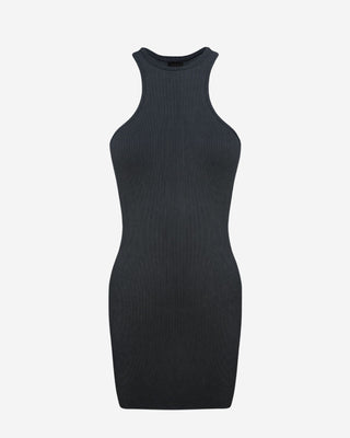 A black, ribbed, mineral washed, short-sleeved mini dress with a racerback design.