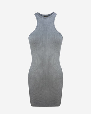 Gray ribbed stone washed sleeveless mini dress.