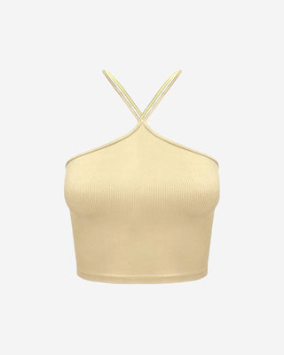Women’s butter yellow ribbed halter crop top with crossover straps, soft stretch knit construction, fitted silhouette, and modern minimalist design