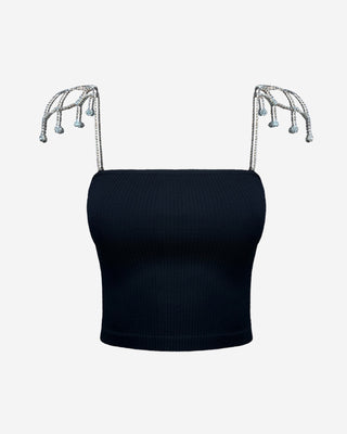 Black convertible tube top with removable crystal straps.