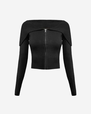 Black zip up long sleeve sweater.