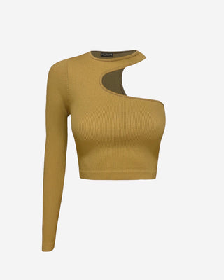 Neutral tan asymmetric one sleeve crop top in textured ribbed material, shown from the front