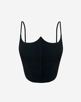 Women’s black bustier crop top with corset-inspired seaming, sweetheart neckline, adjustable straps, and sculpting fitted design for elevated day-to-night styling